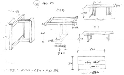 お施主様のスケッチを元に茶の間のテーブルを作ります。